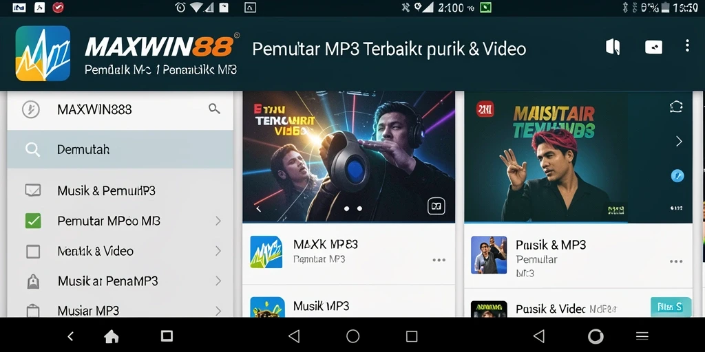 Tampilan antarmuka aplikasi Pemutar MP3 MAXWIN88 yang modern dan user-friendly.